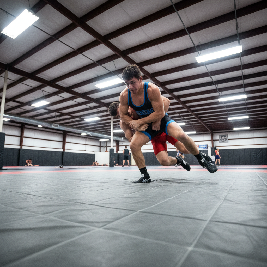 Young athlete drilling double-leg takedown on crash mat
