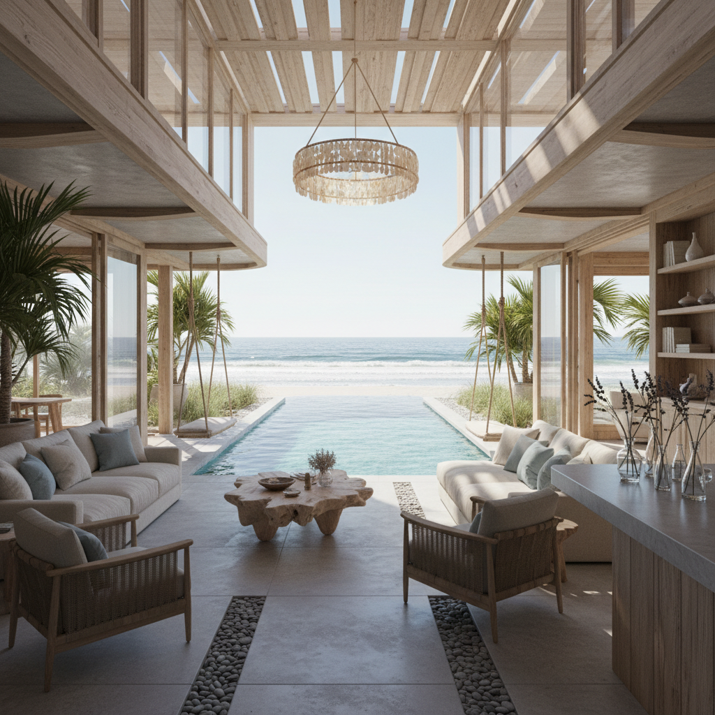 Luxurious coastal living room with floor-to-ceiling windows overlooking ocean with elegant white curtains