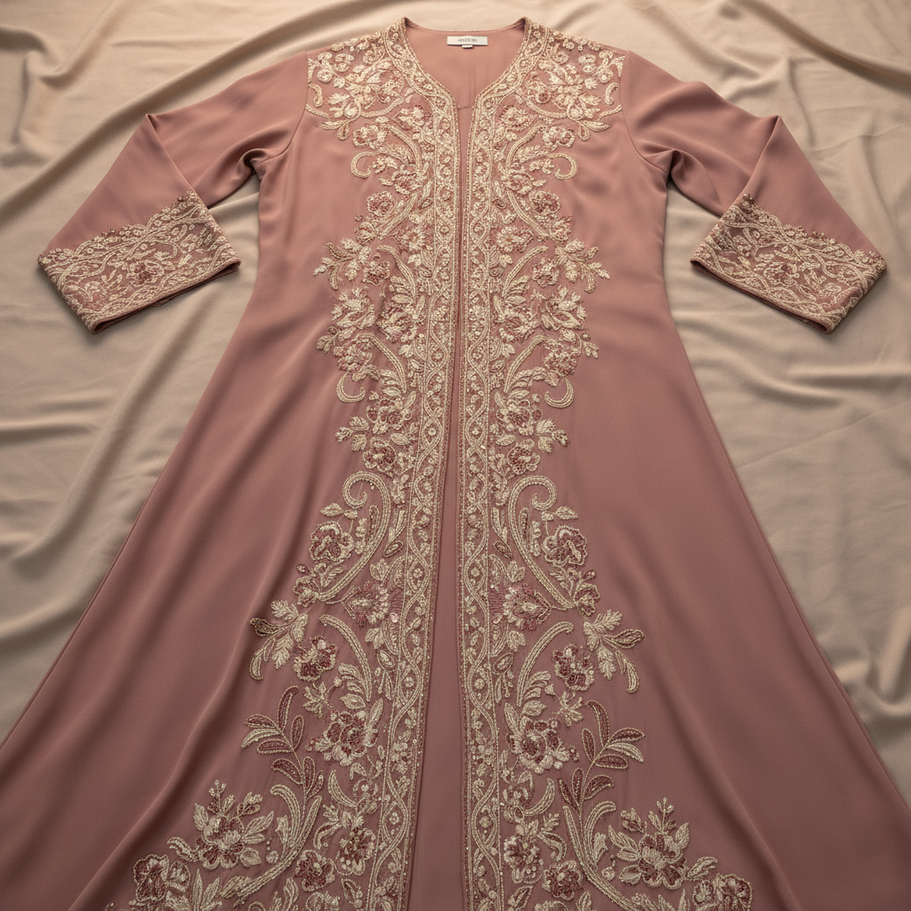 Rose-toned abaya with gold embroidery