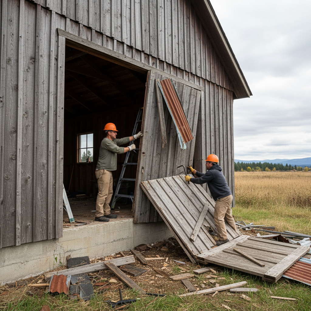 Two-man crew removing wind-damaged door sections from detached workshop