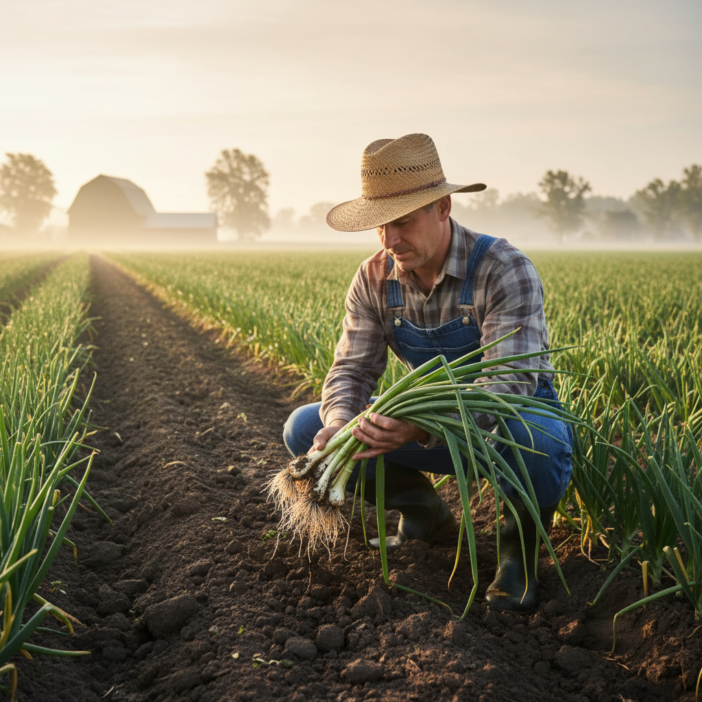 Farmer pulling green onions from dark rich soil at dawn