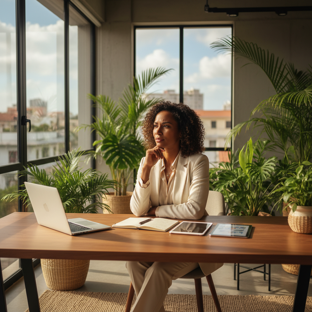 Entrepreneur martiniquais en réflexion stratégique, bureau lumineux avec végétation tropicale