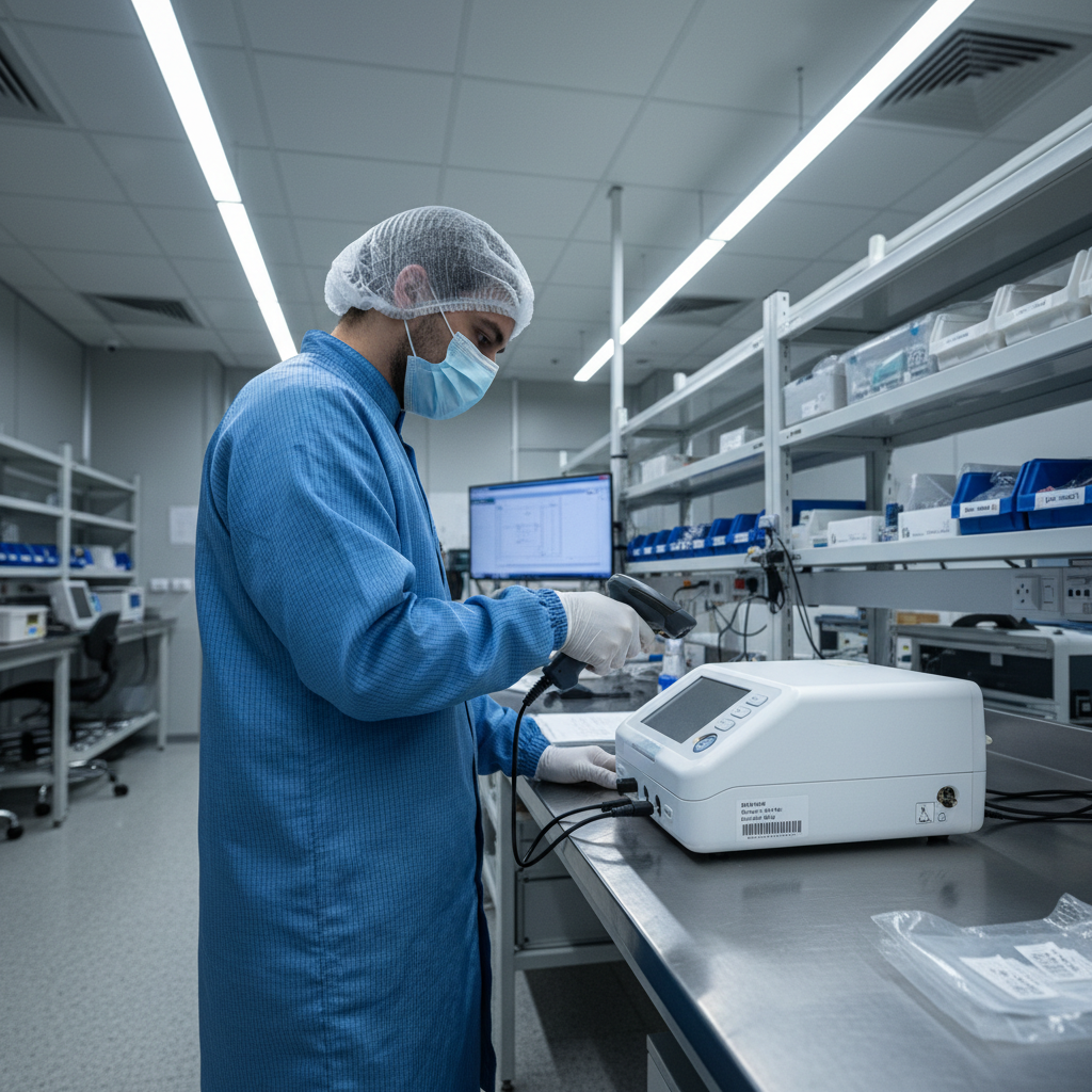 Technician in ESD smock scanning barcode on medical device in a clean processing environment with overhead LED lighting