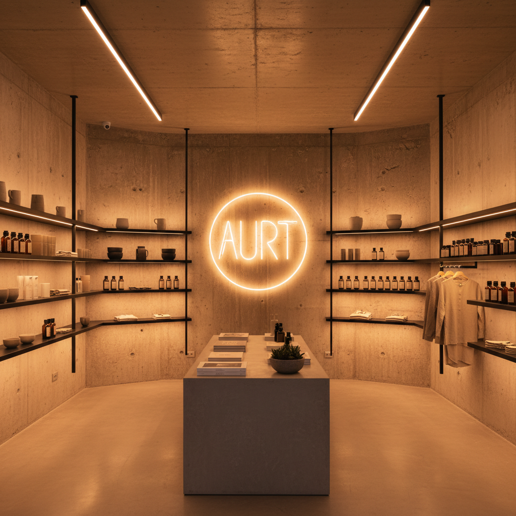 Minimalist DTC brand popup store interior with raw concrete walls and curated product displays