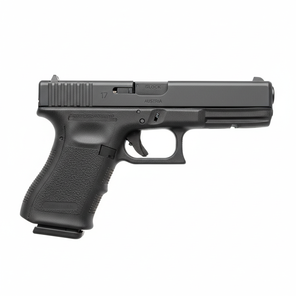 Modern tactical pistol with accessory rail on dark background, black finish, professional product photography