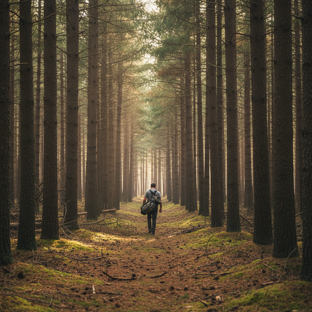 Solo disc golfer walking through pine forest fairway with disc bag, looking down at a narrow gap