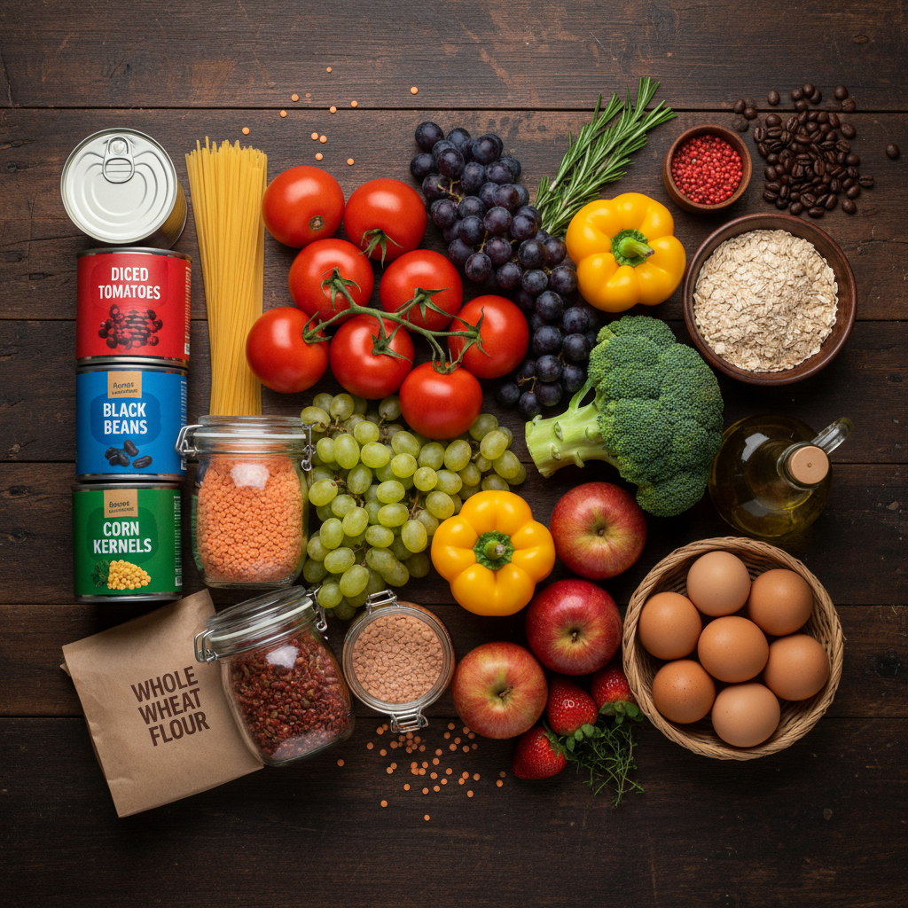 Overhead flat-lay of fresh produce, canned goods, and pantry staples arranged on a dark wooden surface