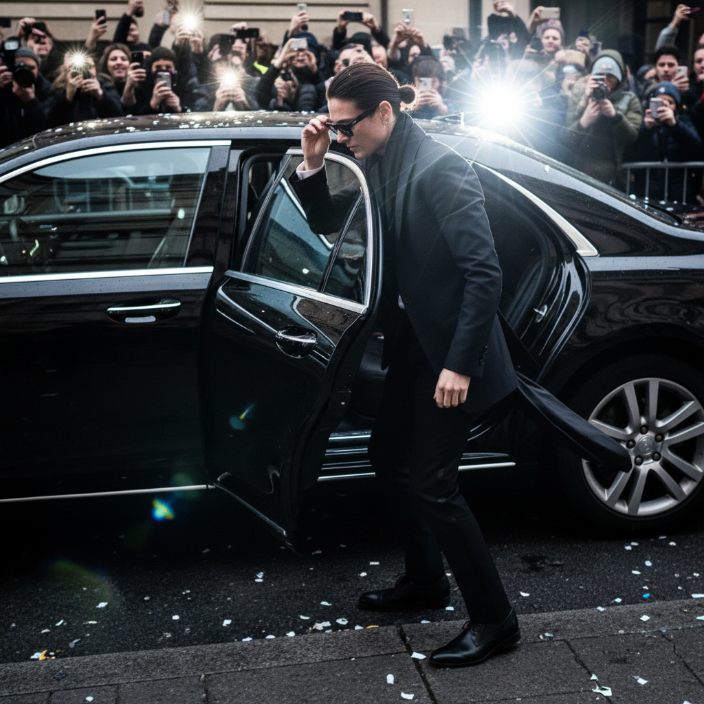 Paparazzi flash, a client stepping out of a black car with motion blur crowd behind them