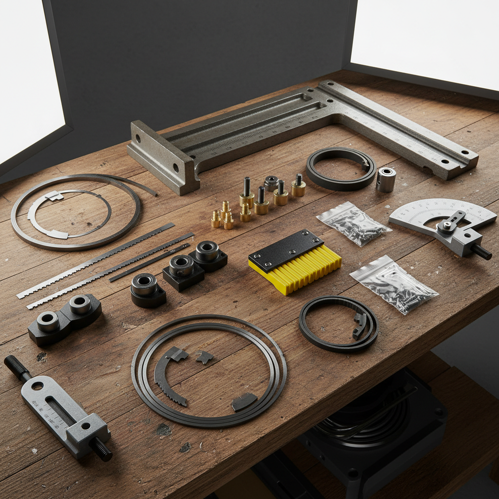 Assorted lawn mower blades and cutting deck components on a workbench