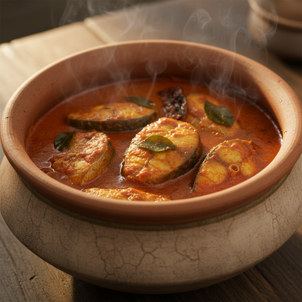 Kerala fish curry — deep red tangy fish curry with kokum, cooked in a traditional black clay pot, garnished with curry leaves and served with red rice