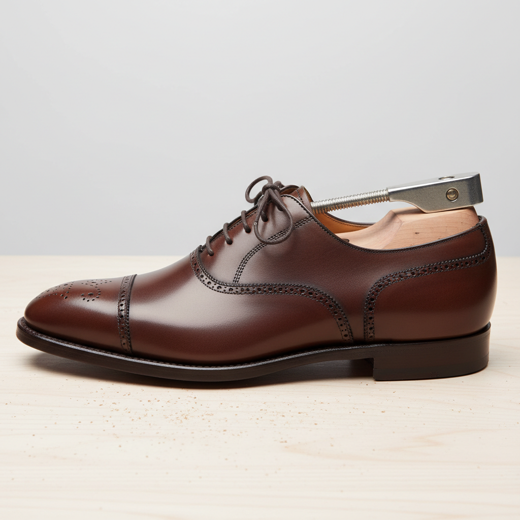 Dark brown leather Oxford formal shoe on wooden floor, warm ambient lighting