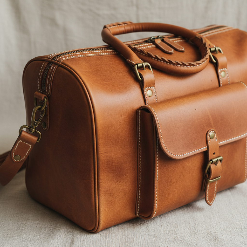 Large caramel brown leather duffel weekend bag with rolled handles and brass zipper on white background