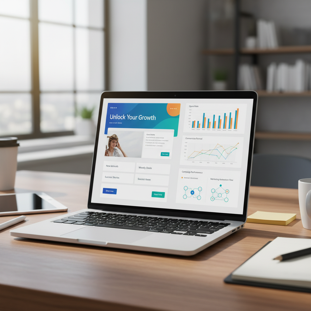 Email marketing campaign design on laptop screen with analytics dashboard bright modern office environment