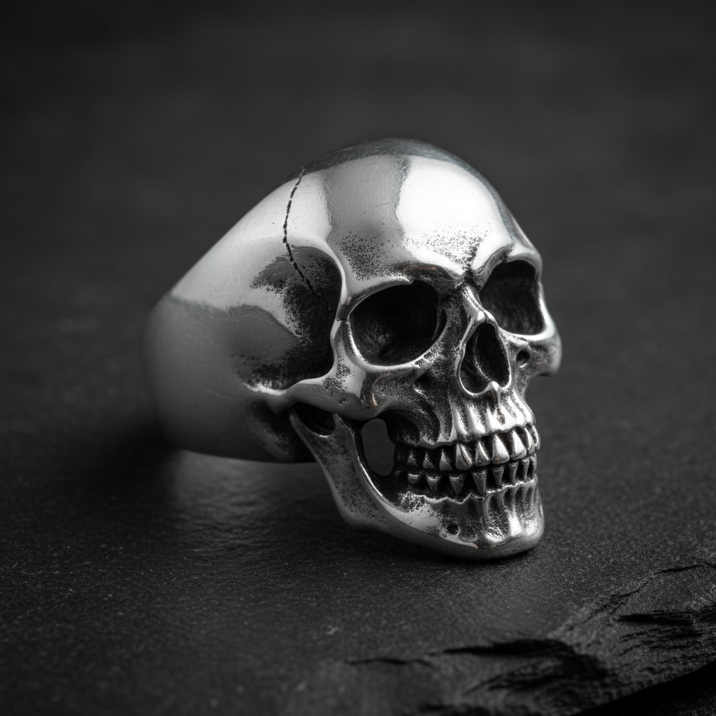 Vanitas signet ring with skull motif in sterling silver, dramatic side lighting