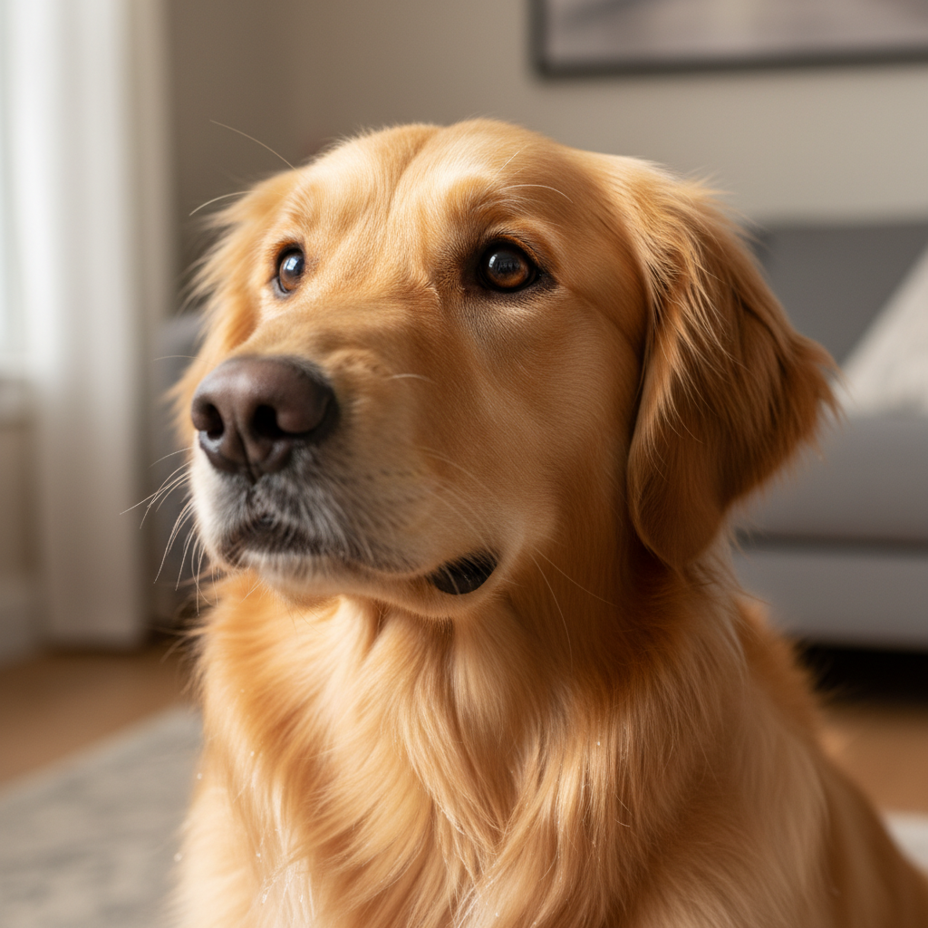 Golden retriever with shiny coat looking happy