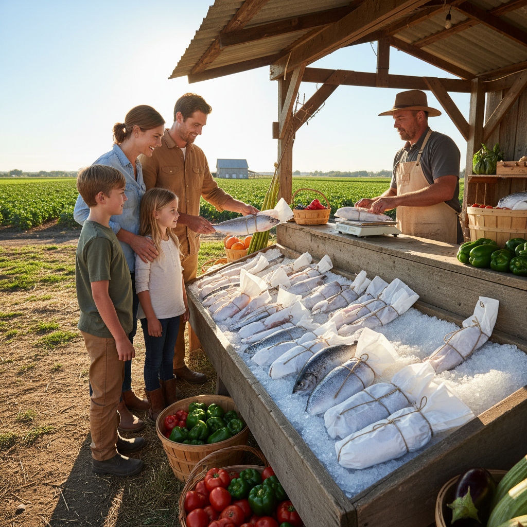 Family at an outdoor farm stand choosing fresh fish wrapped in butcher paper