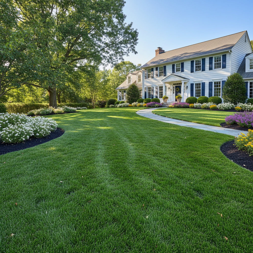 Professionally landscaped front yard with trimmed lawn and garden borders