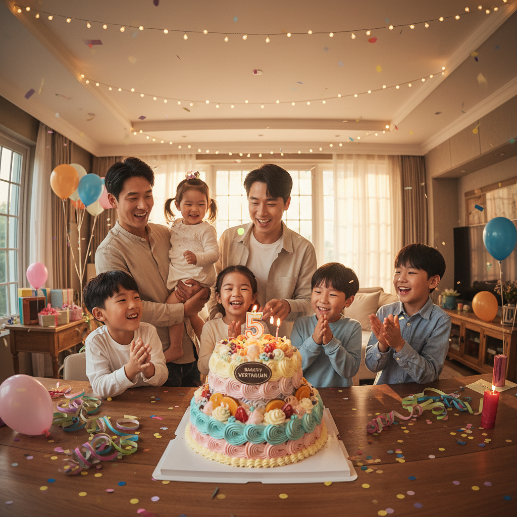 Birthday celebration with colorful confetti and candles, bright cheerful environment, joyful party scene