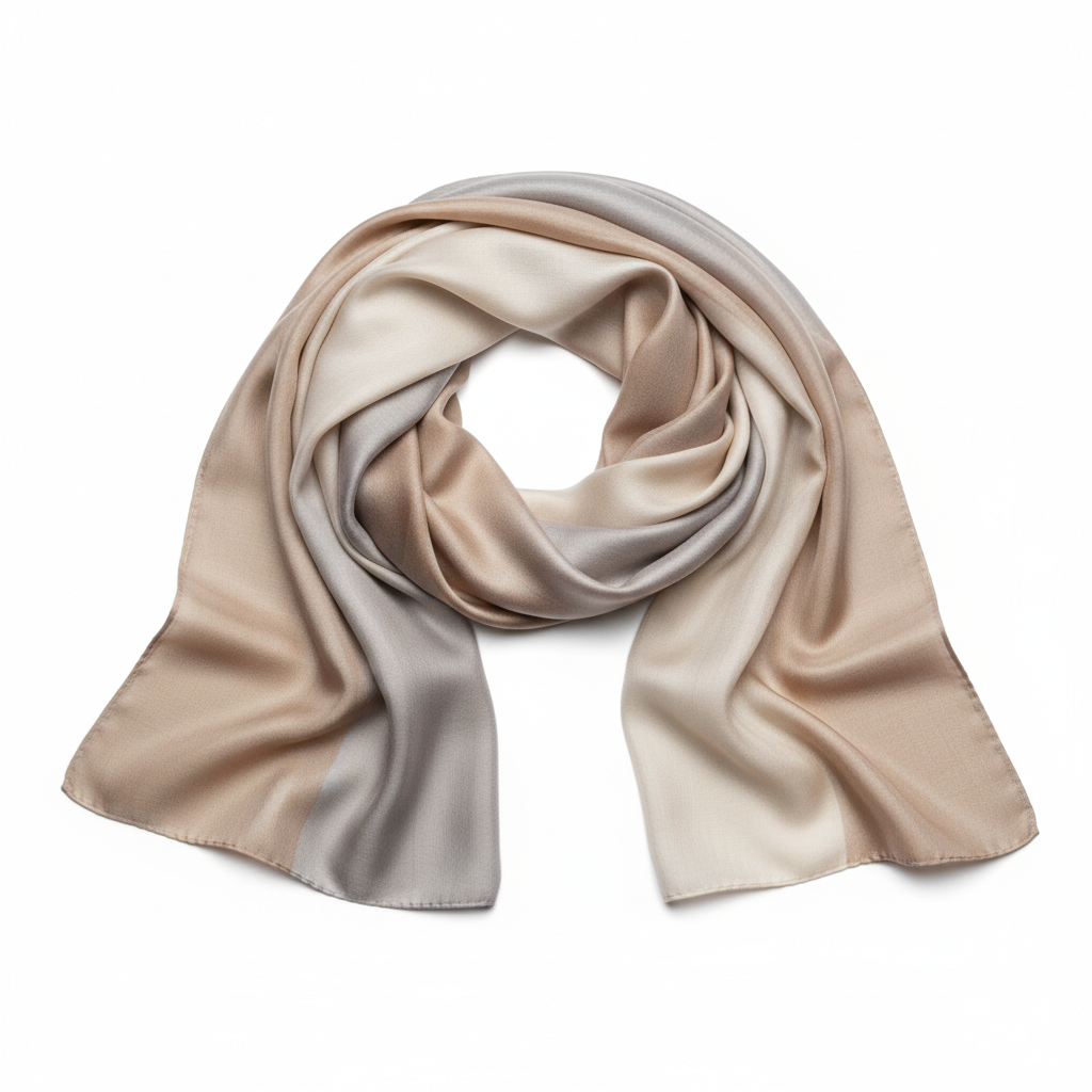 Colorful silk blend scarf draped elegantly, bright clean product photography