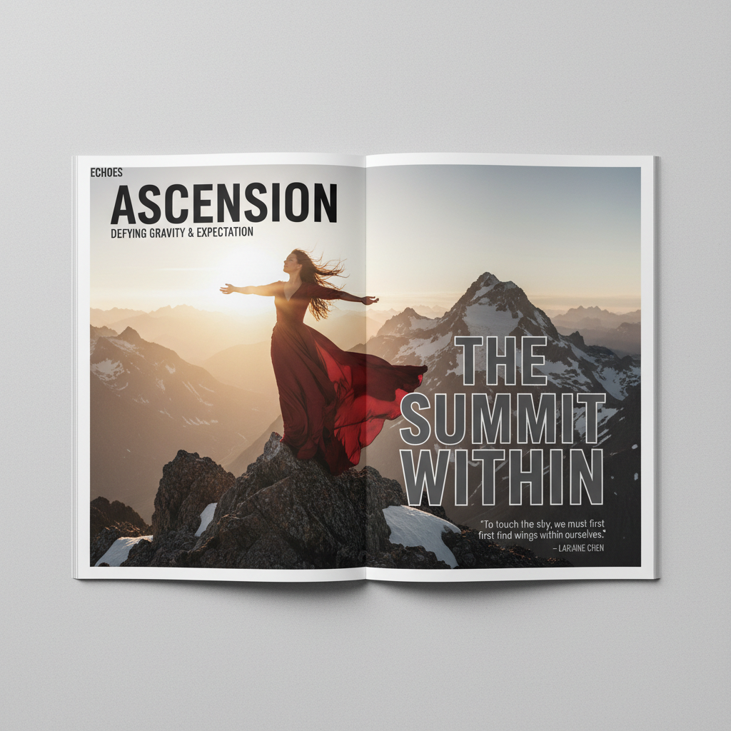 Editorial magazine layout design with elegant serif typography and full-bleed photography on white background