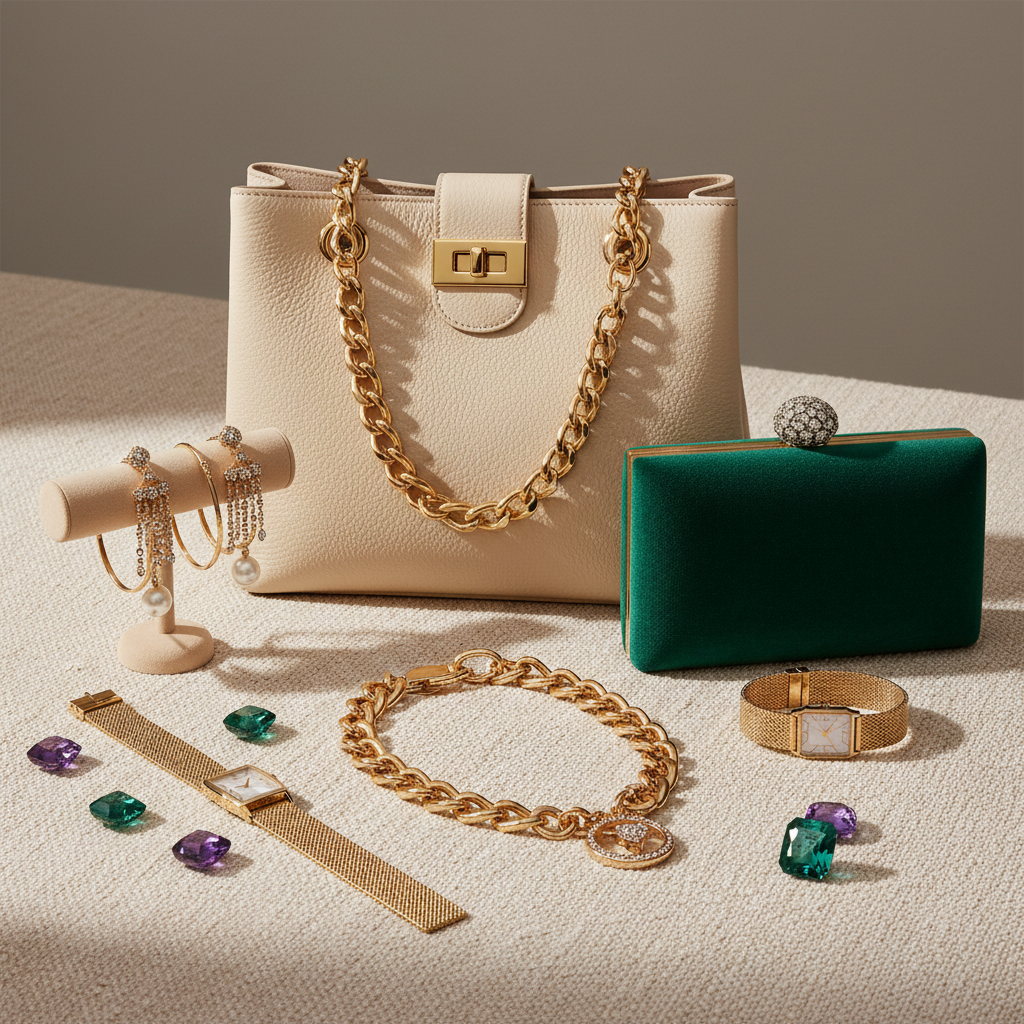 Fashion clutch bags and accessories — assorted leather handbags in warm neutral tones arranged on a bright cream surface