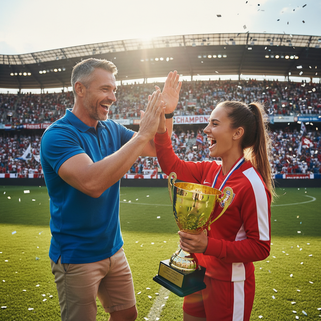 Coach and athlete celebrating after a tournament win