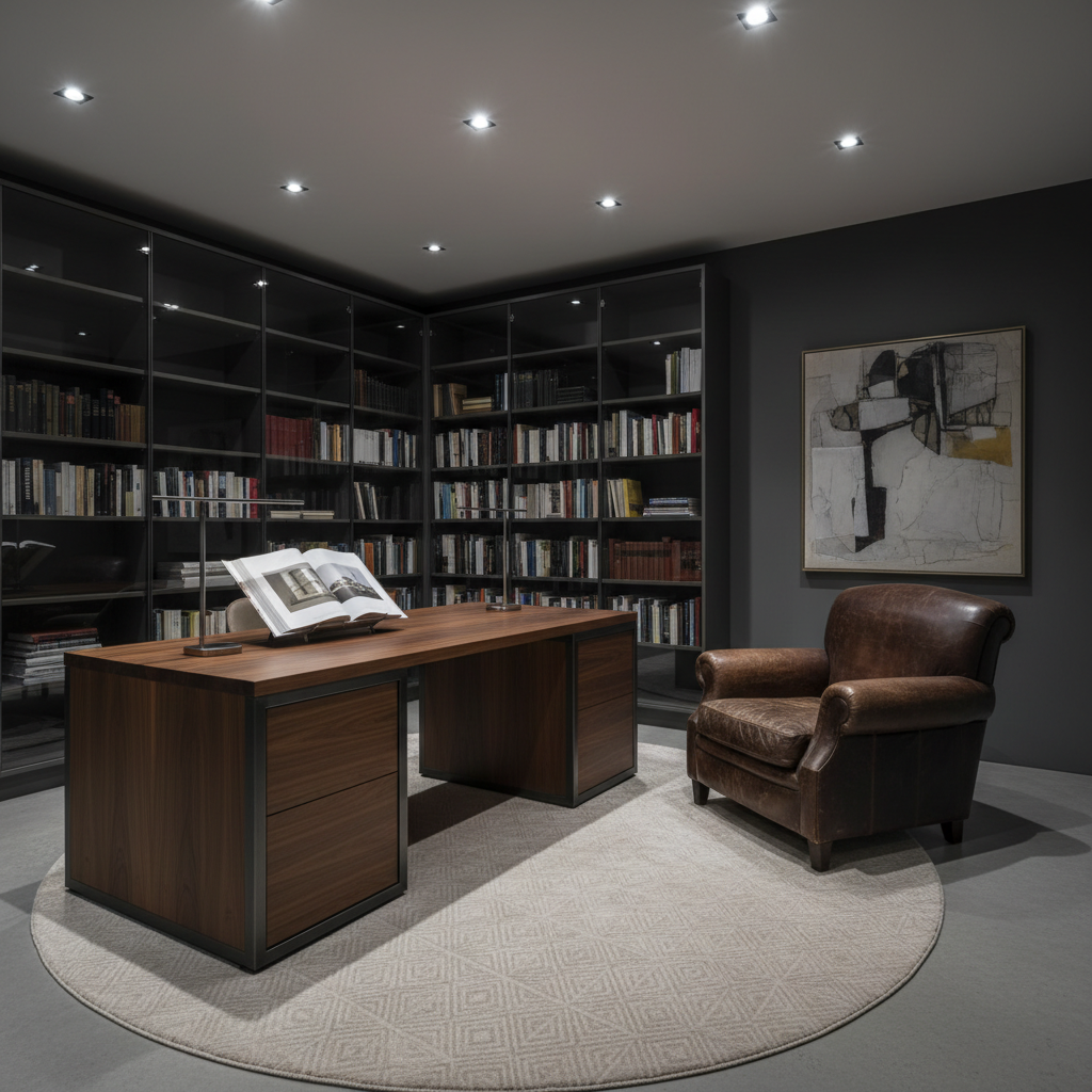 Classic study with dark wood shelves and leather armchair