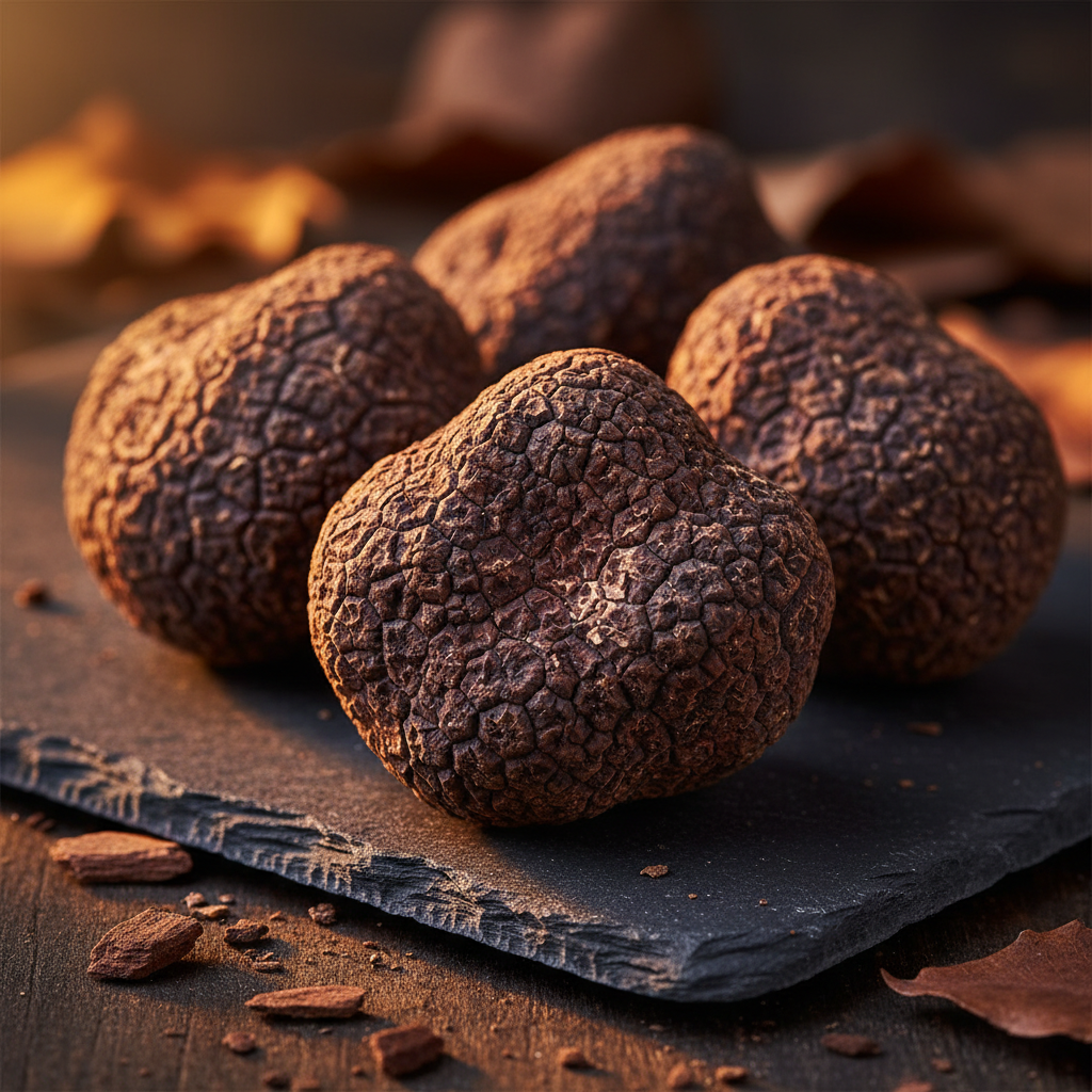 Fresh black Périgord truffle on a wooden board surrounded by autumn leaves and forest soil