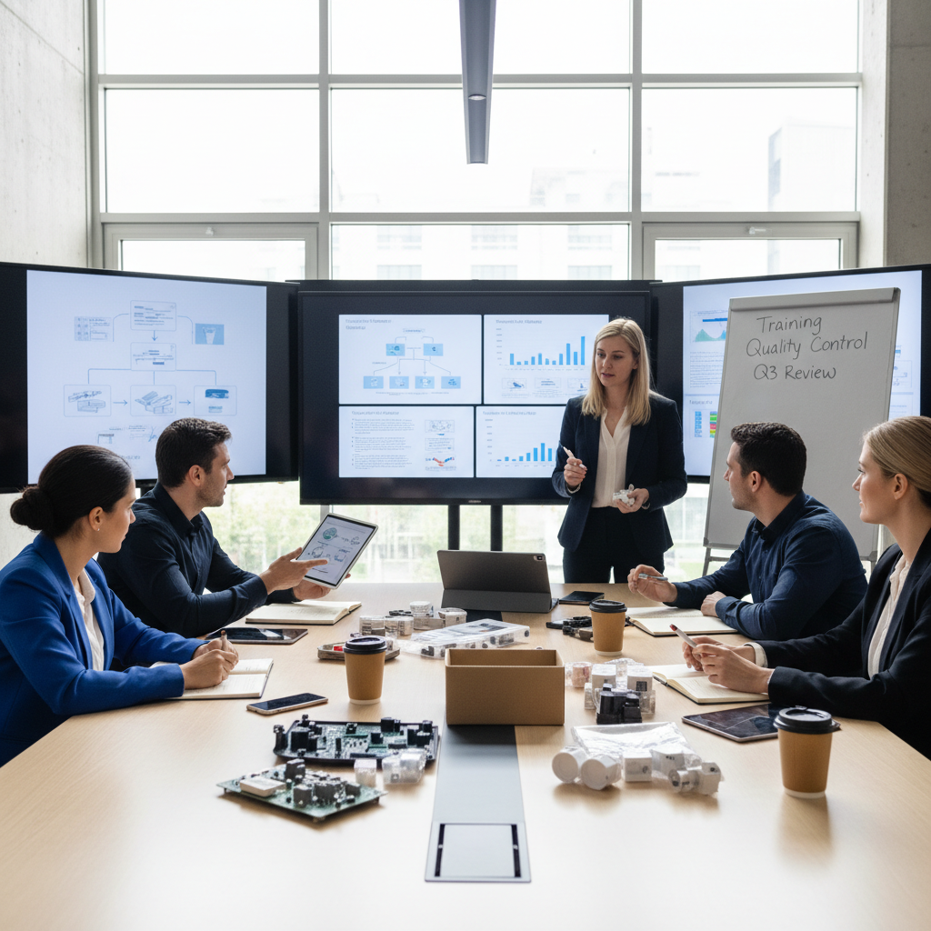 Professional supply chain security consulting team in a collaborative meeting, bright modern office environment, natural light, warm and approachable atmosphere