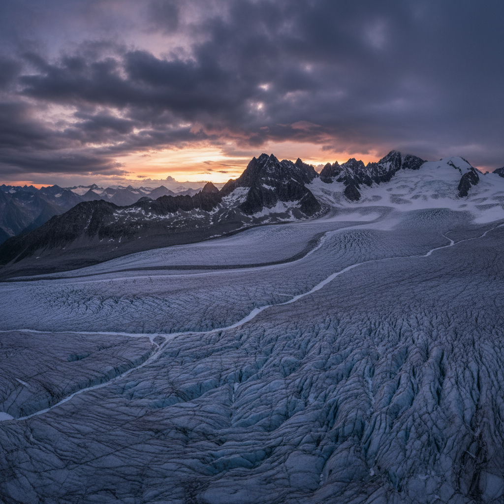 Snow-capped Swiss Alps at dawn with dramatic storm clouds, moody dark atmosphere, alpine meadows foreground
