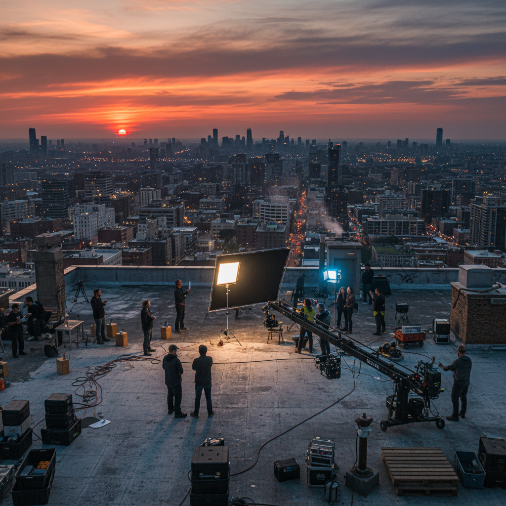 Film crew on urban rooftop shoot at dusk with city lights below