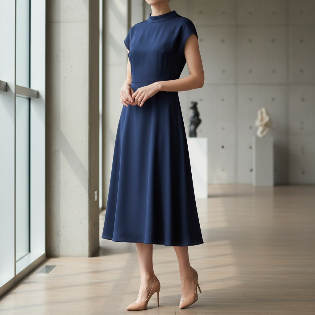 Model in sand slip midi dress standing in natural light near large windows