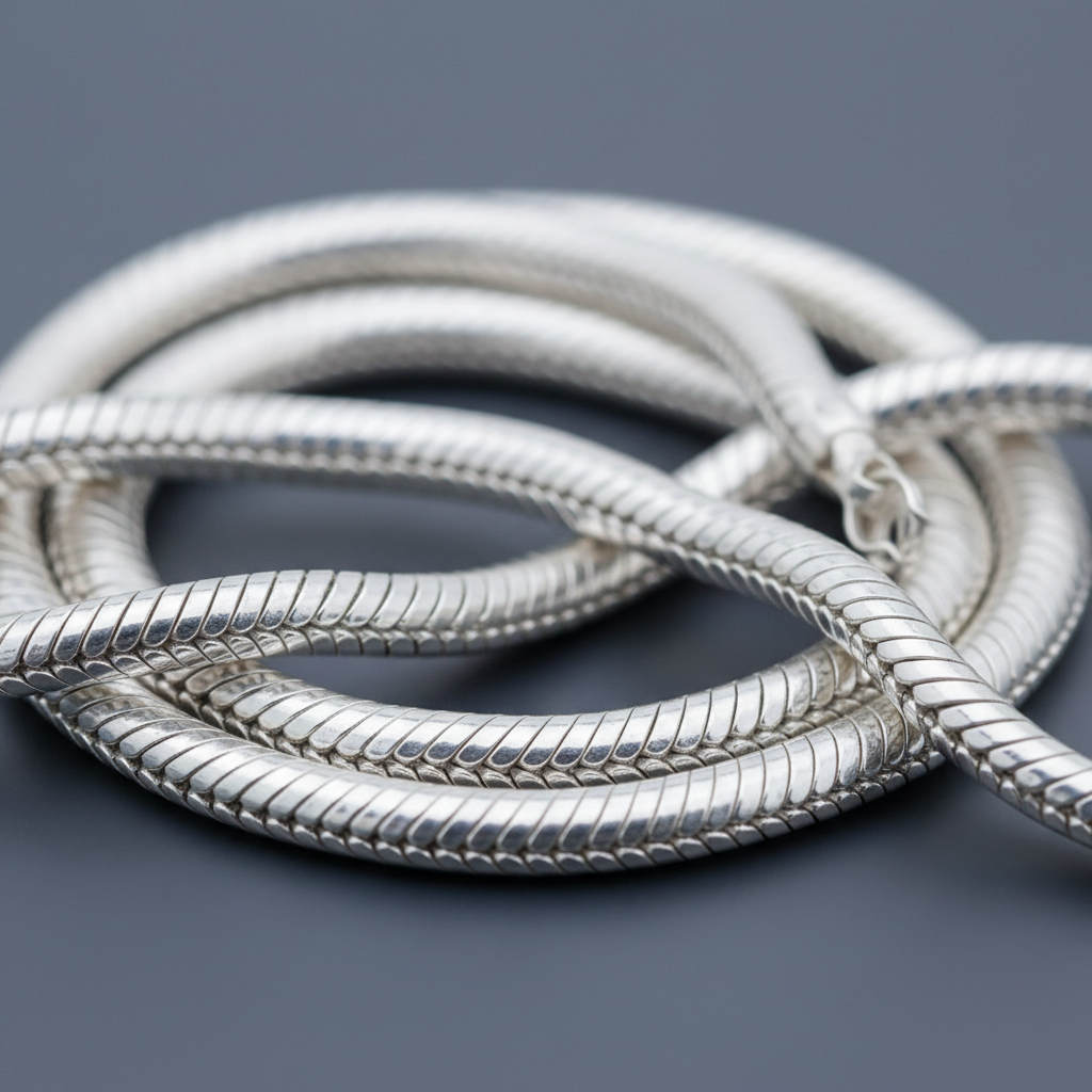 Oxidised silver serpent chain necklace coiled on dark velvet surface
