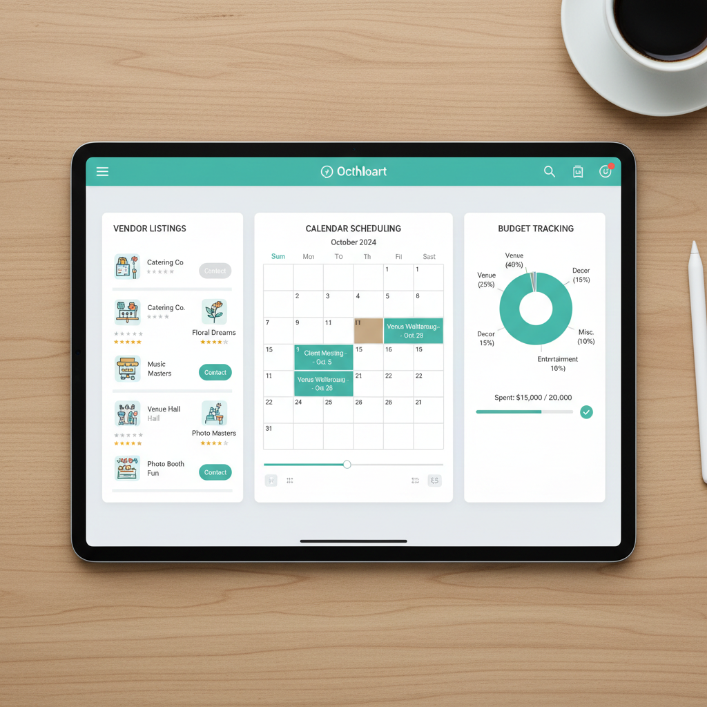 Event planning app demo showing wedding coordination interface