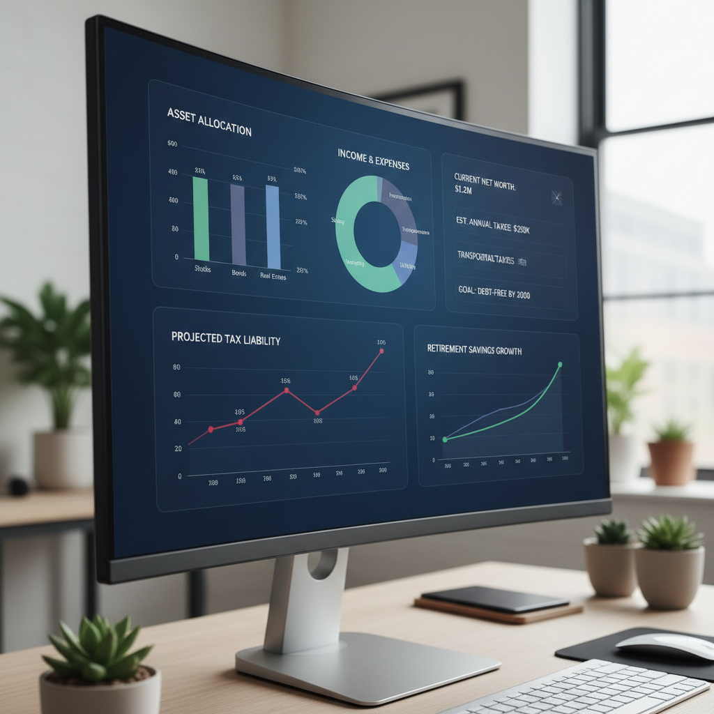 Pantalla de computador con gráficas financieras sobre escritorio claro y ordenado