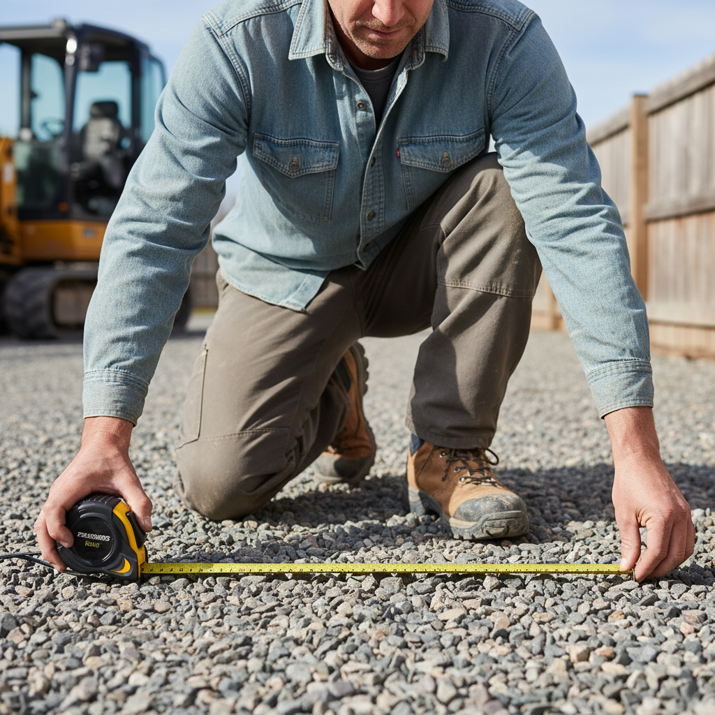 Crew member in work boots measuring a gravel driveway with a tape measure