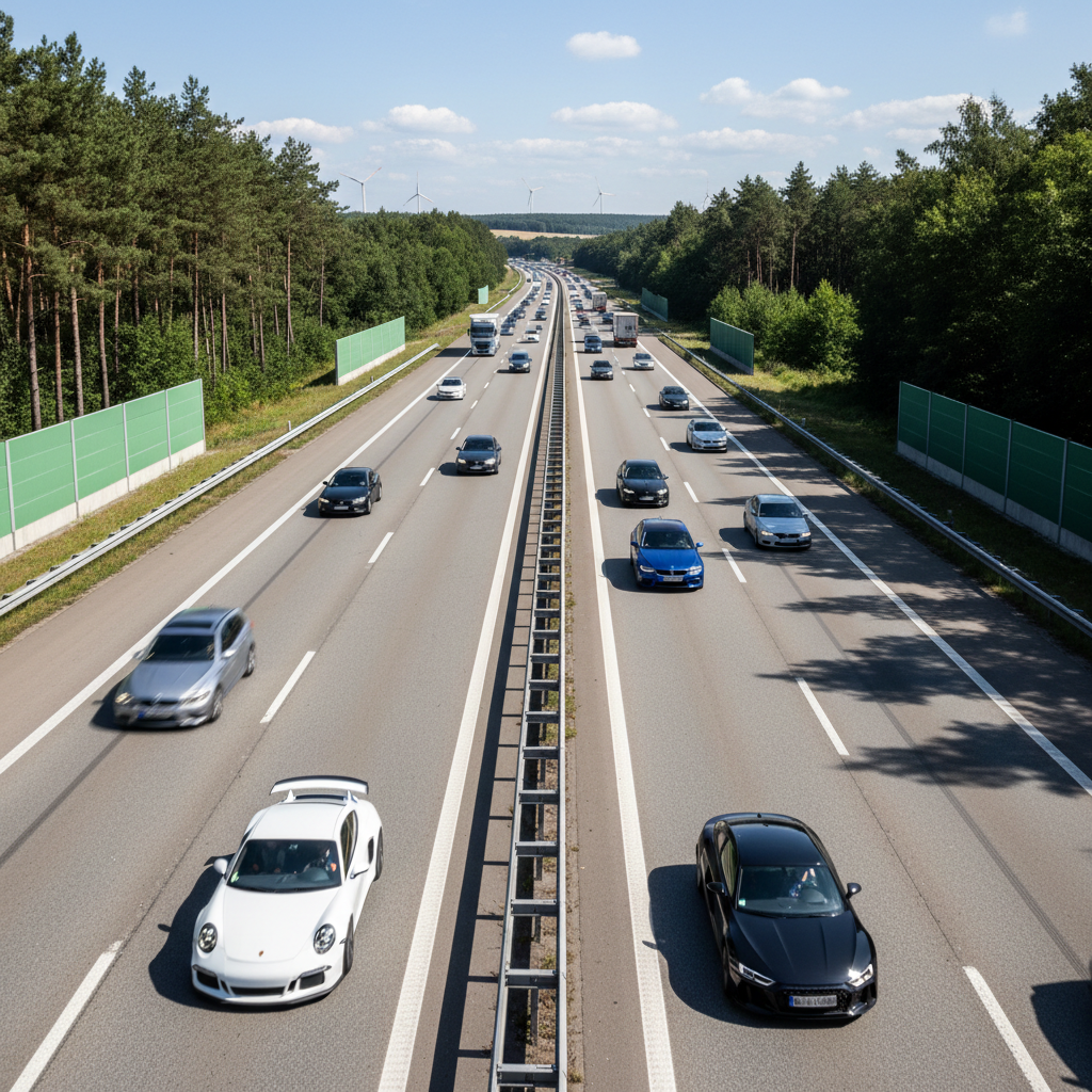 German Autobahn motorway with cars driving at high speed showing Germany's famous unrestricted highway sections