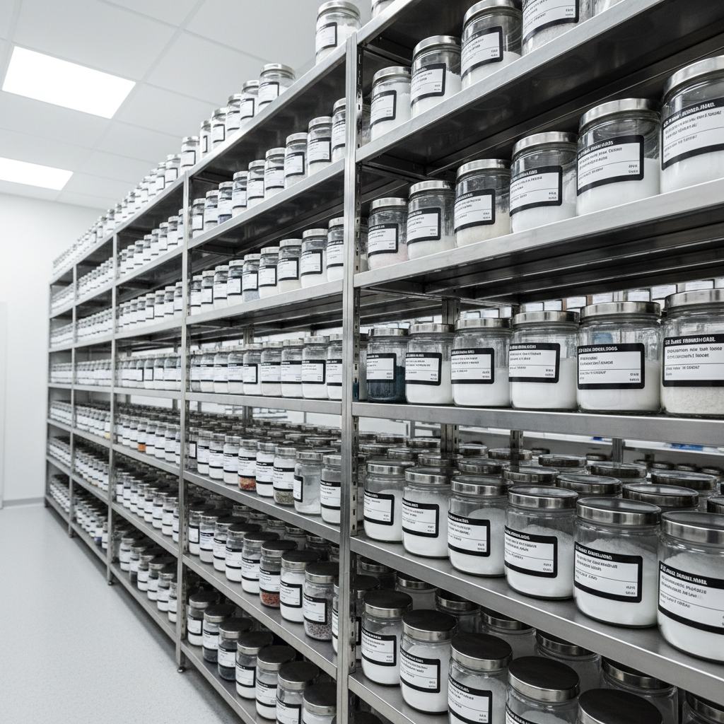 Row of precision laboratory buffer solution bottles on white shelf, clean scientific environment