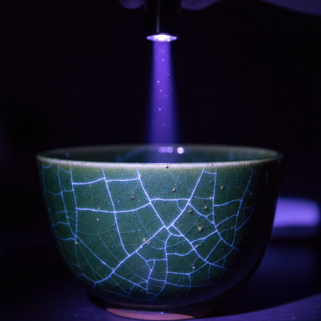 UV flashlight beam illuminating a ceramic bowl showing hidden cracks