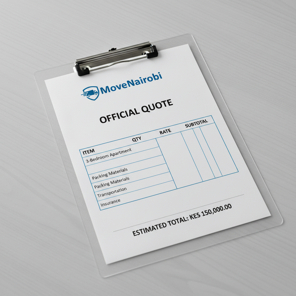 Clear written moving quote receipt on clipboard with MoveNairobi branding