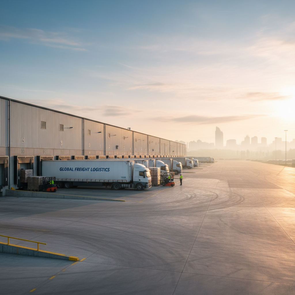 Large warehouse loading dock with clear dry asphalt and trucks in early morning light