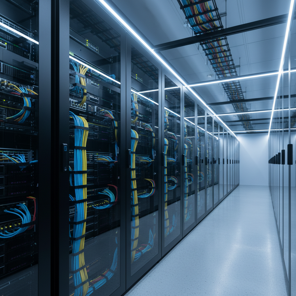 Data center server room with organized cable management, deep shadows, blue LED lighting, professional infrastructure