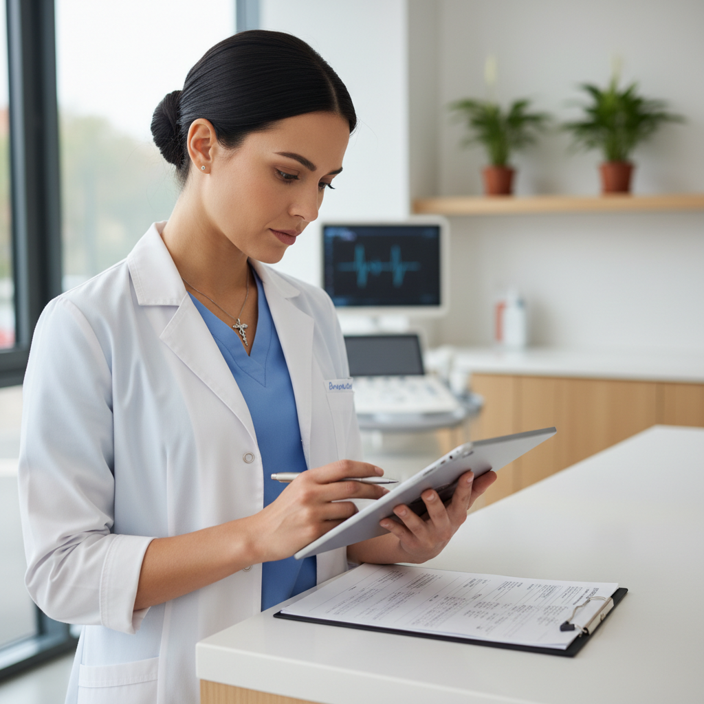 Doctor reviewing comprehensive health checkup results with patient in bright modern clinic