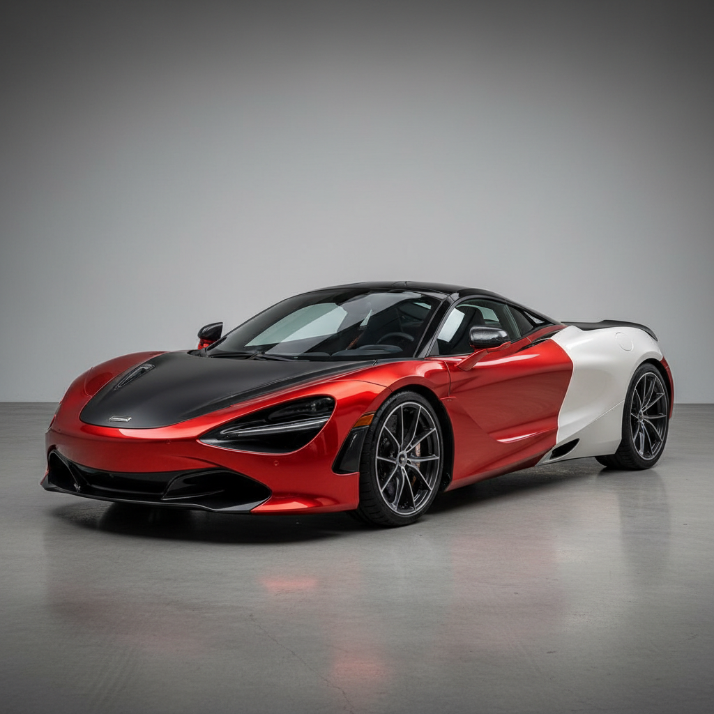White McLaren 720S in clean minimalist studio, bright dramatic lighting, sleek automotive photography