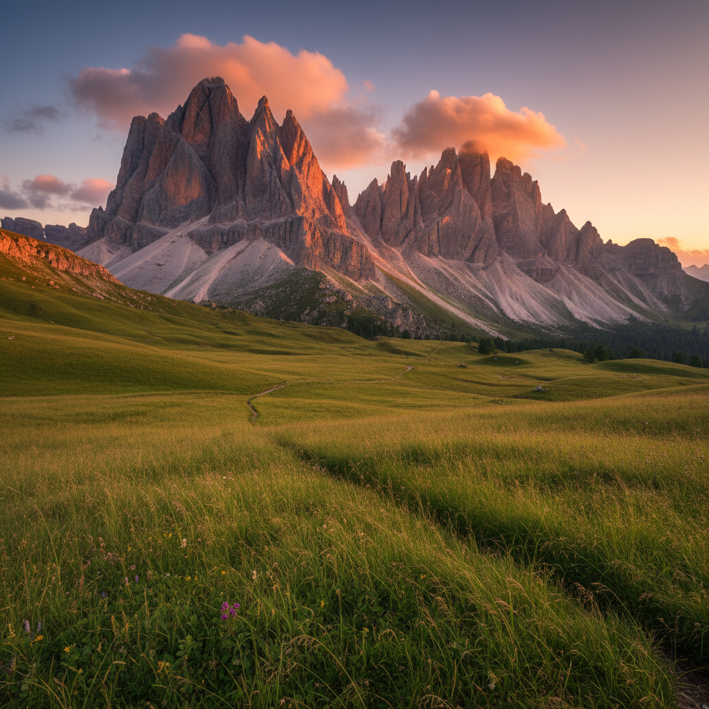 Dramatic Dolomite rock towers at sunset with orange and pink sky