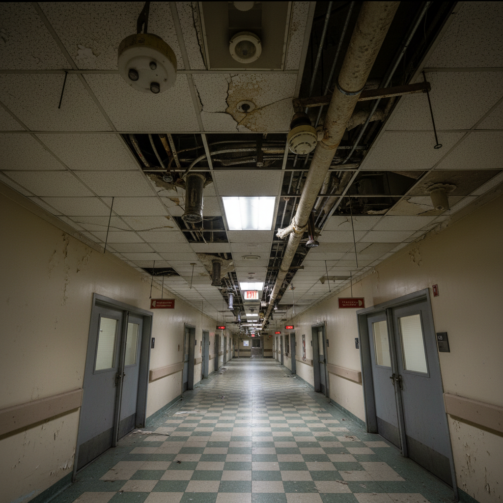 1970s hospital corridor with suspended ceiling tiles and aging mechanical infrastructure — the kind of building that accumulated decades of renovation without updated fire suppression documentation