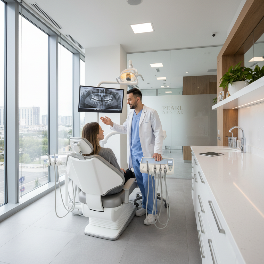 Friendly dental professional consulting with patient in comfortable, modern family dental practice setting