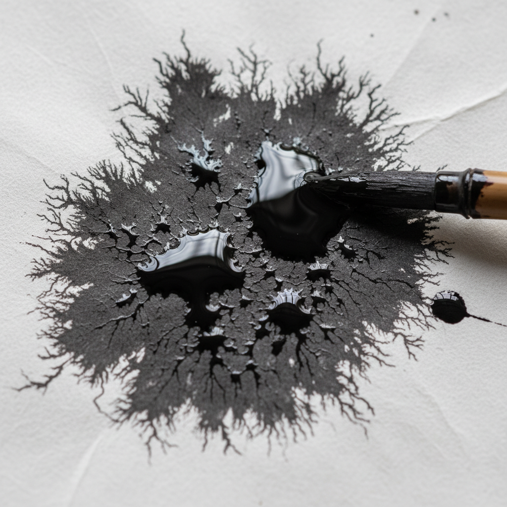Overhead macro photograph of wet sumi ink glistening on cotton washi paper, brush resting at frame edge still loaded with ink, shallow depth of field revealing paper fibers