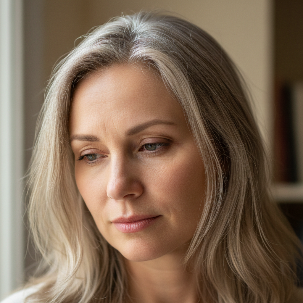 Sandra Kowalski, woman in her forties with light hair, thoughtful expression