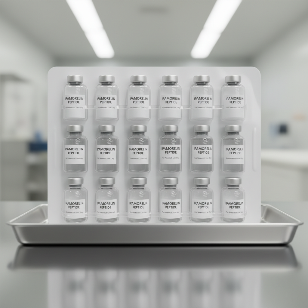 Premium peptide vials arranged in a professional wellness setting